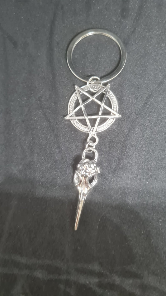 Raven Skull And Pentagram Keyring